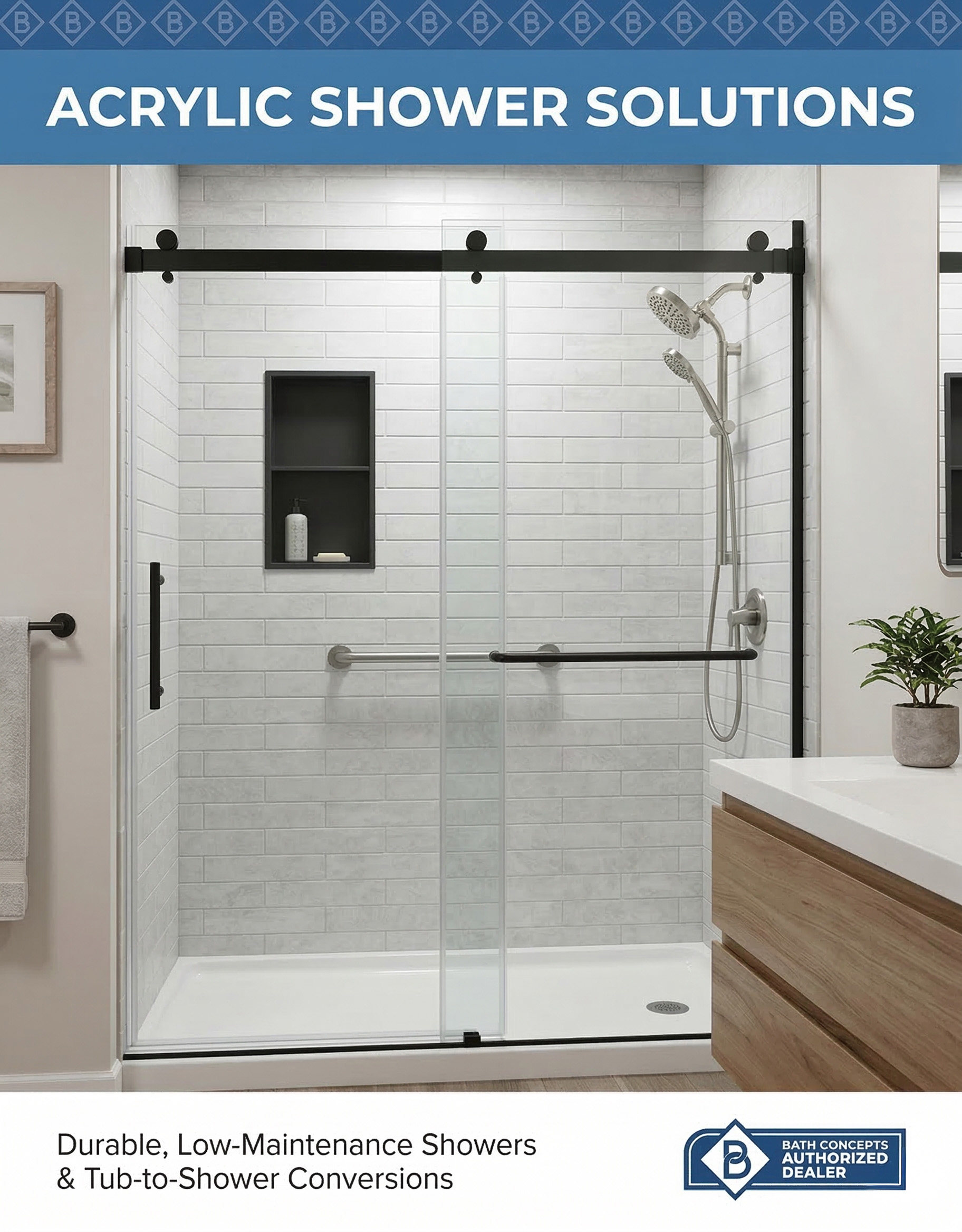 Prime Bath shower and bathtub wall system brochure - affordable mold-resistant surrounds installed in one day